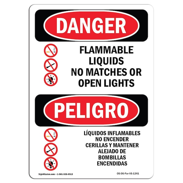 Safety Sign, OSHA Danger, 5" Height, Flammable Liquids No Matches Spanish, 10PK